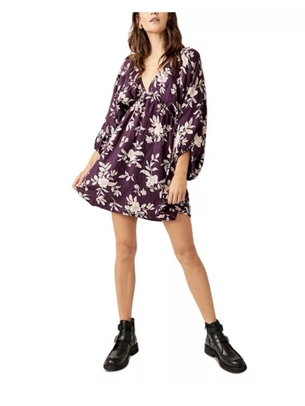 Free People Portia Floral V-Neck Babydoll Mini Dress in Plum Size Med